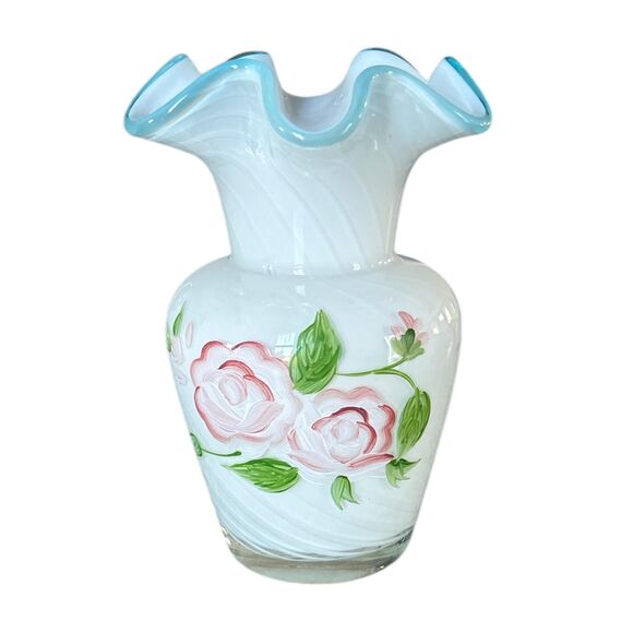 Hand Painted White Swirl and Teal Ruffle Edged Glass Fenton Vase - Picture 1 of 5